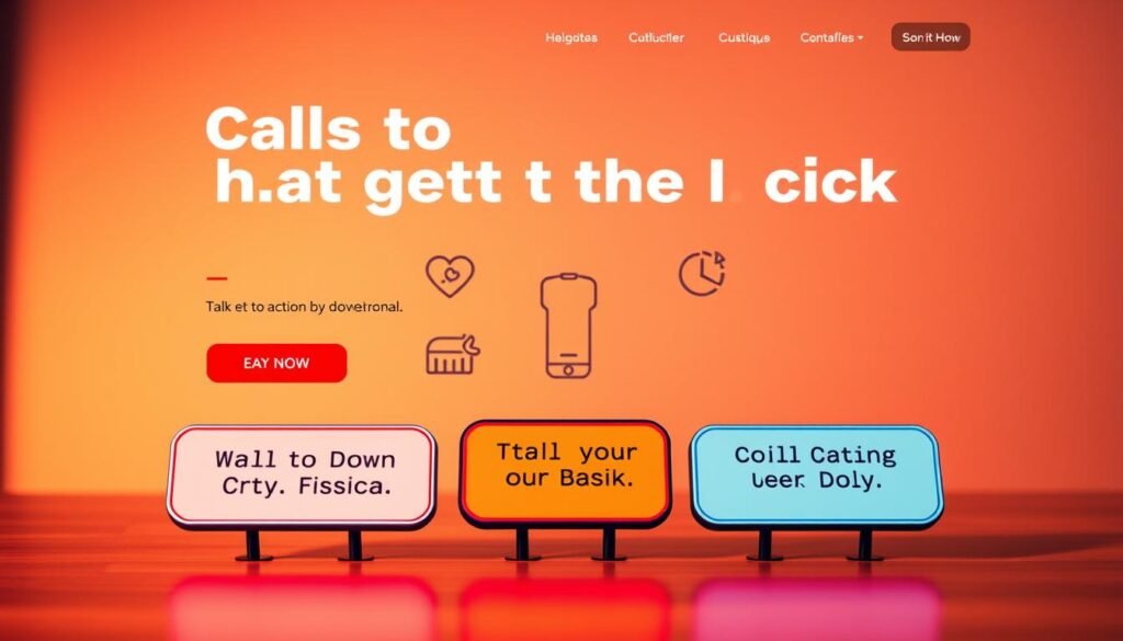 A bold, eye-catching landing page with a clean, minimalist layout. In the foreground, several vibrant calls-to-action buttons in various shapes and sizes, each with a clear, compelling message that invites the viewer to take action. The buttons are arranged in a visually striking, asymmetric pattern, drawing the eye to the most important conversion points. The middle ground features simple, elegant icons and graphics that reinforce the messaging, while the background maintains a soft, blurred focus to avoid distractions. Warm, directional lighting casts subtle shadows, creating depth and emphasizing the dimensional elements. An overall sense of energy, urgency, and professionalism pervades the scene, perfectly capturing the essence of "Calls to action that get the click".