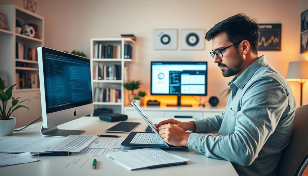 A bright, airy home office with a sleek desk and modern computer setup. In the foreground, a person intently troubleshooting a GetResponse integration, brow furrowed as they navigate the API documentation on their laptop screen. The middle ground features an array of notes, diagrams, and reference materials spread out, hinting at the complex nature of the task. In the background, shelves of tech books and a wall-mounted display showcase relevant data visualizations, providing context for the troubleshooting process. Warm, diffused lighting casts a contemplative mood, emphasizing the focus and determination of the individual working to resolve the integration issue. A bright, airy home office with a sleek desk and modern computer setup. In the foreground, a person intently troubleshooting a GetResponse integration, brow furrowed as they navigate the API documentation on their laptop screen. The middle ground features an array of notes, diagrams, and reference materials spread out, hinting at the complex nature of the task. In the background, shelves of tech books and a wall-mounted display showcase relevant data visualizations, providing context for the troubleshooting process. Warm, diffused lighting casts a contemplative mood, emphasizing the focus and determination of the individual working to resolve the integration issue.