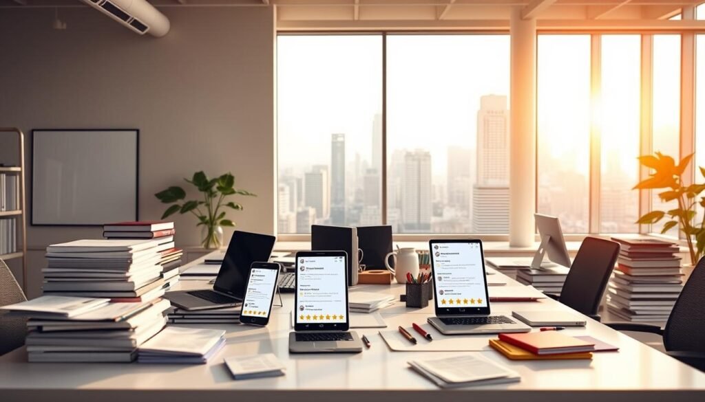 A bright, airy office setting with a large desk in the foreground, covered in stacks of paper, laptops, and various office supplies. On the desk, several smartphone screens display customer reviews and ratings, reflecting the section title. The background features a clean, minimalist wall with a large window overlooking a bustling city skyline, casting warm, natural light across the scene. The overall mood is professional and inviting, conveying the importance of user feedback in the email marketing industry. A bright, airy office setting with a large desk in the foreground, covered in stacks of paper, laptops, and various office supplies. On the desk, several smartphone screens display customer reviews and ratings, reflecting the section title. The background features a clean, minimalist wall with a large window overlooking a bustling city skyline, casting warm, natural light across the scene. The overall mood is professional and inviting, conveying the importance of user feedback in the email marketing industry.