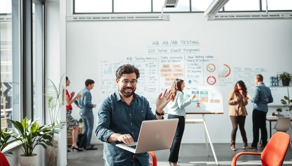 A bright and airy office space, with large windows allowing natural light to flood in. In the foreground, two marketing professionals, a man and a woman, are engaged in a lively discussion, gesturing animatedly as they review data on a laptop screen. The middle ground features a whiteboard filled with A/B testing metrics, statistics, and insights. In the background, a team of colleagues collaborates, brainstorming new campaign ideas. The overall atmosphere conveys a sense of productive collaboration and a data-driven approach to marketing optimization.