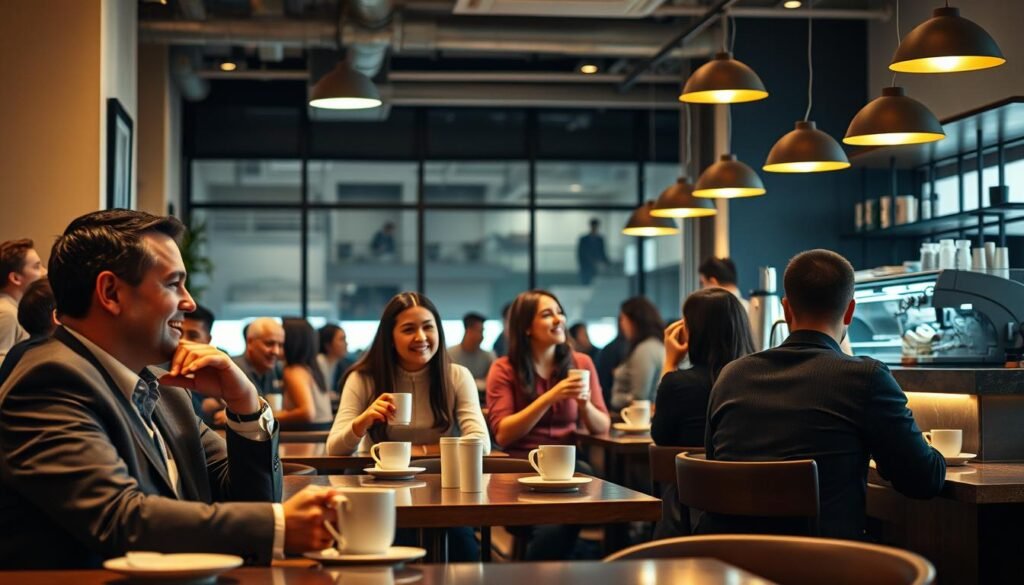 A bustling cafe interior, with a group of diverse customers seated at well-appointed tables, enjoying their coffee and conversation. Warm, diffused lighting casts a cozy glow, highlighting the inviting ambiance. In the foreground, a well-dressed professional couple engaged in a lively discussion, conveying a sense of trust and comfort. In the middle ground, a group of young friends laughing and sharing an intimate moment, radiating a sense of community and camaraderie. In the background, a sleek, modern bar with a barista efficiently preparing drinks, signaling a high-quality, reliable service. The overall scene evokes a welcoming, trustworthy atmosphere that potential customers would feel drawn to.