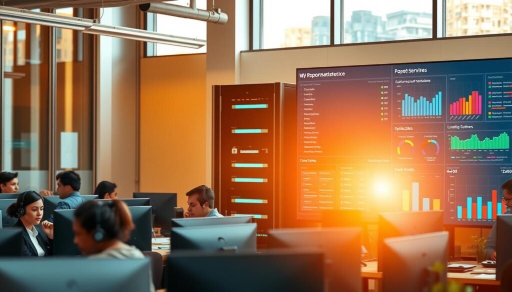 A bustling office interior, illuminated by warm, natural light streaming through large windows. In the foreground, a team of customer support agents diligently work at their desks, their expressions focused and determined. The middle ground features a sleek, modern server rack, symbolizing the technological backbone powering the company's swift response times. The background showcases a vibrant, color-coded dashboard, graphically displaying real-time metrics and customer satisfaction scores. The overall atmosphere conveys a sense of efficiency, productivity, and a commitment to providing exceptional customer service.