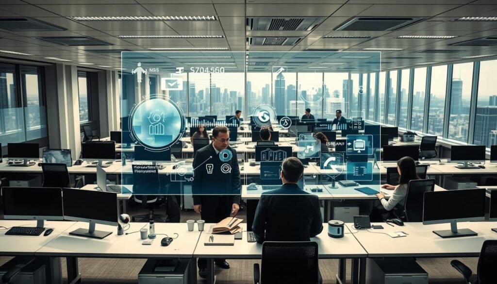 A bustling office interior with a futuristic, high-tech atmosphere. Sleek, minimalist desks and workstations are arranged in a grid layout, with the latest digital tools and automation technologies seamlessly integrated. The lighting is bright and directional, casting dramatic shadows and highlighting the clean, modern aesthetic. In the foreground, a holographic display showcases a dynamic visualization of automated processes and data workflows, representing the powerful capabilities of enterprise marketing platforms. The middle ground features teams of professionals collaboratively engaged with the technology, while the background depicts a panoramic city skyline, symbolizing the scale and reach of enterprise-level marketing operations. A bustling office interior with a futuristic, high-tech atmosphere. Sleek, minimalist desks and workstations are arranged in a grid layout, with the latest digital tools and automation technologies seamlessly integrated. The lighting is bright and directional, casting dramatic shadows and highlighting the clean, modern aesthetic. In the foreground, a holographic display showcases a dynamic visualization of automated processes and data workflows, representing the powerful capabilities of enterprise marketing platforms. The middle ground features teams of professionals collaboratively engaged with the technology, while the background depicts a panoramic city skyline, symbolizing the scale and reach of enterprise-level marketing operations.