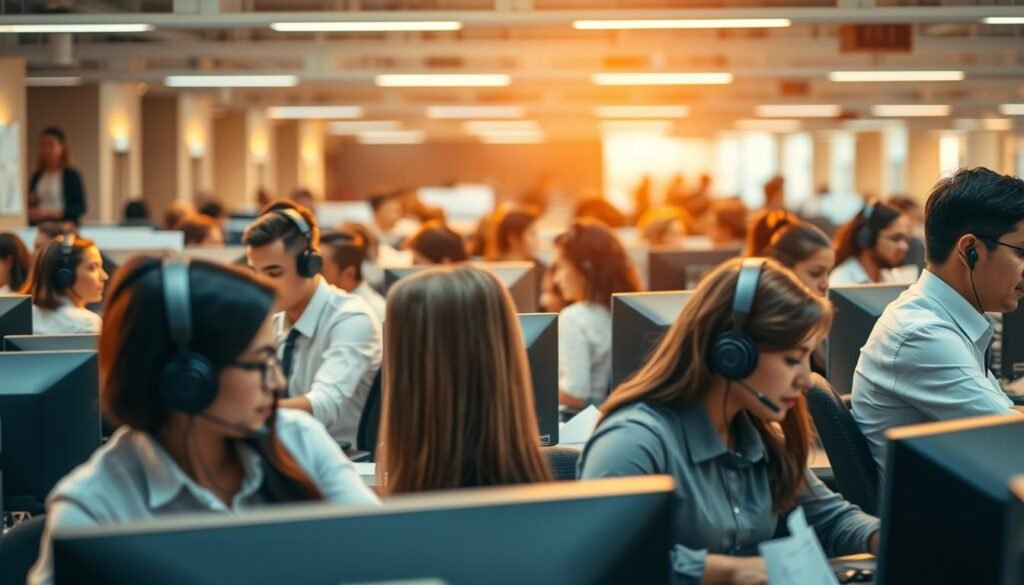 A bustling office setting during peak hours, with employees diligently working at their desks under soft, warm lighting. The foreground features a group of customer service representatives wearing headsets, engaged in lively conversations. In the middle ground, managers oversee operations, their expressions indicating a careful balance of productivity and cost-effectiveness. The background depicts a well-organized work environment, with efficient workflow systems and strategically placed technological resources. The overall atmosphere conveys a sense of controlled chaos, where professionalism and resourcefulness coexist to provide exceptional customer support, even during the busiest times.