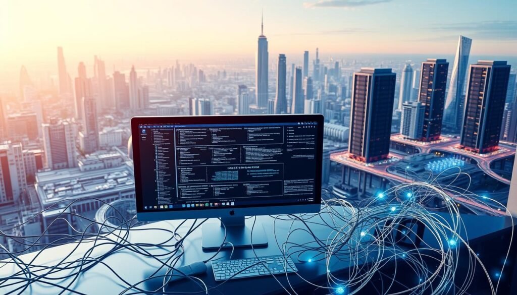 A bustling technological landscape, a symphony of interconnected systems. In the foreground, a sleek and modern desktop computer, its screen displaying a seamless flow of data, icons representing various software applications. In the middle ground, a network of cables and wires, intertwining like the nerves of a digital nervous system, connecting the computer to a array of devices and platforms. The background is a futuristic cityscape, skyscrapers and data centers reaching towards the sky, a testament to the power of integration and the boundless possibilities of a connected world. Soft, ambient lighting illuminates the scene, creating a sense of harmony and efficiency. The overall atmosphere conveys the importance of seamless integration in the modern digital ecosystem.