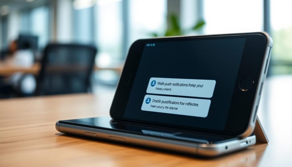 A clean, crisp image of digital push notifications appearing on a modern smartphone screen. The device is situated in the foreground, capturing the user interface with clear app icons and minimalist design. The background is blurred, but hints at a professional office setting with clean lines and natural lighting filtering in. The push notifications stand out prominently, conveying a sense of immediacy and relevance. The overall mood is one of efficiency, productivity, and the seamless integration of mobile technology into the workflow. A clean, crisp image of digital push notifications appearing on a modern smartphone screen. The device is situated in the foreground, capturing the user interface with clear app icons and minimalist design. The background is blurred, but hints at a professional office setting with clean lines and natural lighting filtering in. The push notifications stand out prominently, conveying a sense of immediacy and relevance. The overall mood is one of efficiency, productivity, and the seamless integration of mobile technology into the workflow.