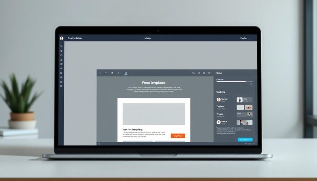 A clean, minimalist email template builder on a sleek desktop interface. In the foreground, an intuitive drag-and-drop editor with modules for customizing layout, text, images, and call-to-action buttons. The middle ground features a side panel with preset templates and style options. The background showcases a modern, productivity-focused environment with muted tones and subtle grid patterns, conveying a sense of efficiency and professionalism. Soft, diffused lighting highlights the clean lines and streamlined design, creating a visually appealing and user-friendly email marketing tool. A clean, minimalist email template builder on a sleek desktop interface. In the foreground, an intuitive drag-and-drop editor with modules for customizing layout, text, images, and call-to-action buttons. The middle ground features a side panel with preset templates and style options. The background showcases a modern, productivity-focused environment with muted tones and subtle grid patterns, conveying a sense of efficiency and professionalism. Soft, diffused lighting highlights the clean lines and streamlined design, creating a visually appealing and user-friendly email marketing tool.