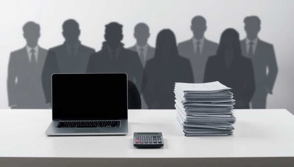 A clean, minimalist office desk with a laptop, calculator, and stacks of paper files. The desk is surrounded by blurred, shadowy figures representing the "removed" contacts, their faces obscured to convey the idea of loss and limited access. Soft, muted lighting creates a contemplative atmosphere, emphasizing the pricing realities and limitations of the free email plan. The overall scene evokes a sense of restriction and the need to carefully manage contacts and costs.