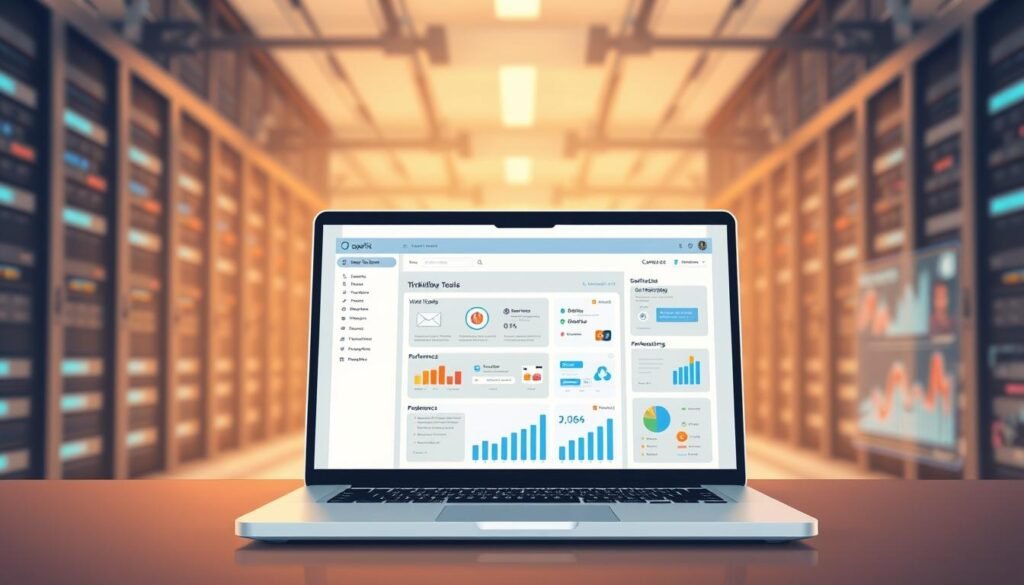 A clean, minimalistic digital illustration showcasing modern marketing automation features. Centered in the foreground, a sleek laptop displays a user interface with intuitive workflow tools, email templates, and performance analytics. The background features a blurred array of technological elements - server racks, circuit boards, and data visualizations - conveying the seamless integration of automation into the marketing ecosystem. Warm, muted lighting casts a professional, efficient tone, while the overall composition emphasizes the streamlined, user-friendly nature of the featured automation capabilities. A clean, minimalistic digital illustration showcasing modern marketing automation features. Centered in the foreground, a sleek laptop displays a user interface with intuitive workflow tools, email templates, and performance analytics. The background features a blurred array of technological elements - server racks, circuit boards, and data visualizations - conveying the seamless integration of automation into the marketing ecosystem. Warm, muted lighting casts a professional, efficient tone, while the overall composition emphasizes the streamlined, user-friendly nature of the featured automation capabilities.