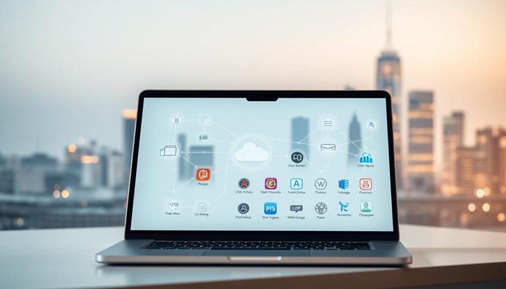 A clean, modern software integration scene. In the foreground, a sleek laptop displaying integrations between various web services and cloud platforms. In the middle ground, colorful API icons and connection lines symbolize the seamless flow of data. The background features a minimalist city skyline with glowing windows, conveying a sense of technological progress and interconnectedness. The lighting is soft and warm, creating a professional and aspirational atmosphere. The camera angle is slightly elevated, giving an overview of the integration landscape. A clean, modern software integration scene. In the foreground, a sleek laptop displaying integrations between various web services and cloud platforms. In the middle ground, colorful API icons and connection lines symbolize the seamless flow of data. The background features a minimalist city skyline with glowing windows, conveying a sense of technological progress and interconnectedness. The lighting is soft and warm, creating a professional and aspirational atmosphere. The camera angle is slightly elevated, giving an overview of the integration landscape.