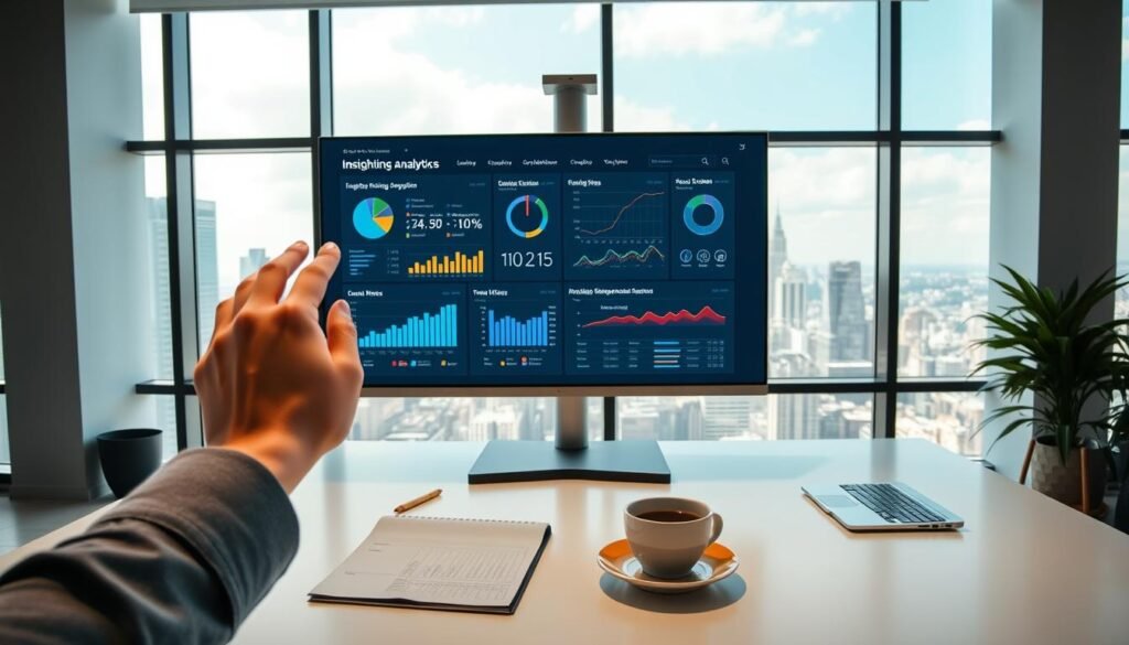 A clean, well-lit office space with a large monitor displaying insightful campaign analytics dashboards. In the foreground, a hand gracefully interacts with the touchscreen, exploring data visualizations and performance metrics. The middle ground features a modern, minimalist desk setup with a laptop, notepad, and a cup of coffee, suggesting a data-driven, analytical workflow. The background showcases a view of a bustling city skyline through floor-to-ceiling windows, creating a sense of scale and connection to the broader business landscape. The overall atmosphere conveys a balance of focus, productivity, and a desire to uncover meaningful insights to drive impactful decisions. A clean, well-lit office space with a large monitor displaying insightful campaign analytics dashboards. In the foreground, a hand gracefully interacts with the touchscreen, exploring data visualizations and performance metrics. The middle ground features a modern, minimalist desk setup with a laptop, notepad, and a cup of coffee, suggesting a data-driven, analytical workflow. The background showcases a view of a bustling city skyline through floor-to-ceiling windows, creating a sense of scale and connection to the broader business landscape. The overall atmosphere conveys a balance of focus, productivity, and a desire to uncover meaningful insights to drive impactful decisions.