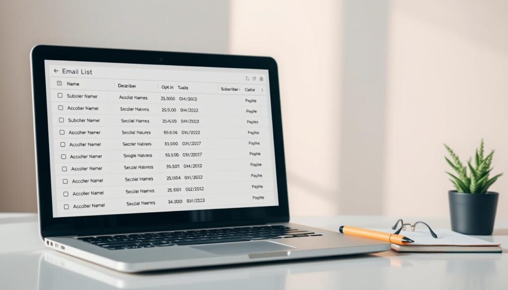 A clean, well-organized email list displayed on a sleek, minimalist desktop. In the foreground, a modern laptop screen showcases a neatly structured email database, with columns for subscriber names, email addresses, and opt-in dates. The middle ground features a desktop organizer with a stylized pen, highlighter, and a small potted plant, creating a professional and productive atmosphere. The background is a soft, neutral-toned wall, allowing the key elements to stand out. Diffused, natural lighting casts a warm glow, suggesting a thoughtful, carefully curated email marketing strategy. The overall mood is one of efficiency, attention to detail, and a commitment to building a high-quality email list. A clean, well-organized email list displayed on a sleek, minimalist desktop. In the foreground, a modern laptop screen showcases a neatly structured email database, with columns for subscriber names, email addresses, and opt-in dates. The middle ground features a desktop organizer with a stylized pen, highlighter, and a small potted plant, creating a professional and productive atmosphere. The background is a soft, neutral-toned wall, allowing the key elements to stand out. Diffused, natural lighting casts a warm glow, suggesting a thoughtful, carefully curated email marketing strategy. The overall mood is one of efficiency, attention to detail, and a commitment to building a high-quality email list.