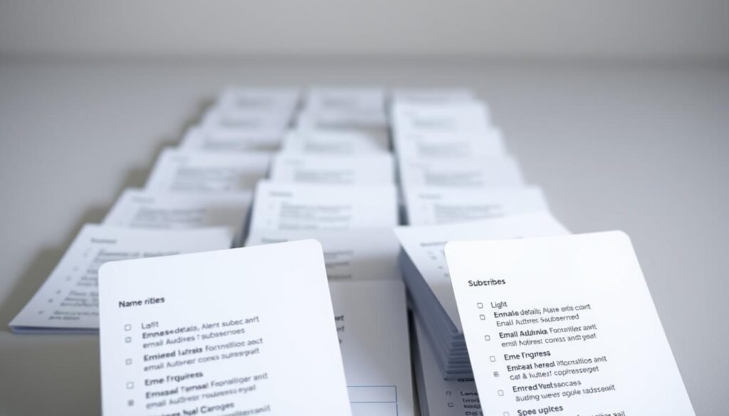 A clean, well-organized email list, with each subscriber's details neatly presented on crisp digital cards. The foreground features a trio of these cards, showcasing essential information like name, email address, and subscription status. In the middle ground, rows of additional cards stretch out, conveying the comprehensive nature of the list. The background is a soft, muted gradient, lending an air of professionalism and attention to detail. The lighting is gentle, creating a sense of clarity and organization. The overall composition evokes the importance of list hygiene in maintaining high deliverability rates and avoiding spam traps. A clean, well-organized email list, with each subscriber's details neatly presented on crisp digital cards. The foreground features a trio of these cards, showcasing essential information like name, email address, and subscription status. In the middle ground, rows of additional cards stretch out, conveying the comprehensive nature of the list. The background is a soft, muted gradient, lending an air of professionalism and attention to detail. The lighting is gentle, creating a sense of clarity and organization. The overall composition evokes the importance of list hygiene in maintaining high deliverability rates and avoiding spam traps.