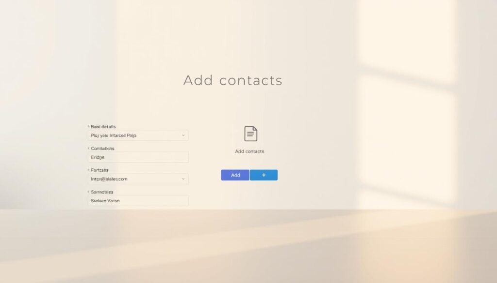 A clean, well-organized user interface showcasing a modern "Add contacts" view. In the foreground, a simple yet intuitive form with labeled fields for importing contact details. The middle ground features a file upload button and a progress bar, conveying a smooth data import process. The background displays a subtle grid pattern, adding a sense of structure and professionalism. Warm, natural lighting illuminates the scene, creating a inviting and trustworthy atmosphere. Captured with a wide-angle lens to emphasize the clean, spacious layout, optimized for a seamless user experience.