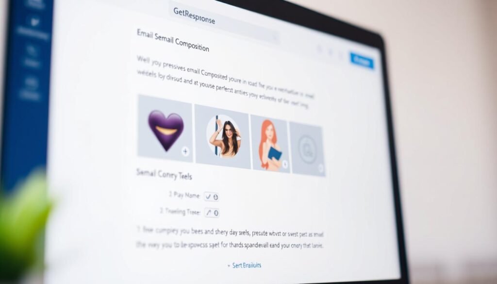 A close-up shot of a computer screen displaying the GetResponse email composition interface, with a clean, intuitive layout and clear, well-organized controls. The background is a soft, neutral tone, allowing the email composition tools to be the focal point. The lighting is natural and diffused, creating a calm, professional atmosphere. The angle is slightly elevated, giving a sense of authority and focus on the task at hand. The overall impression is of a user-friendly, efficient email marketing platform that enables seamless content creation and delivery.