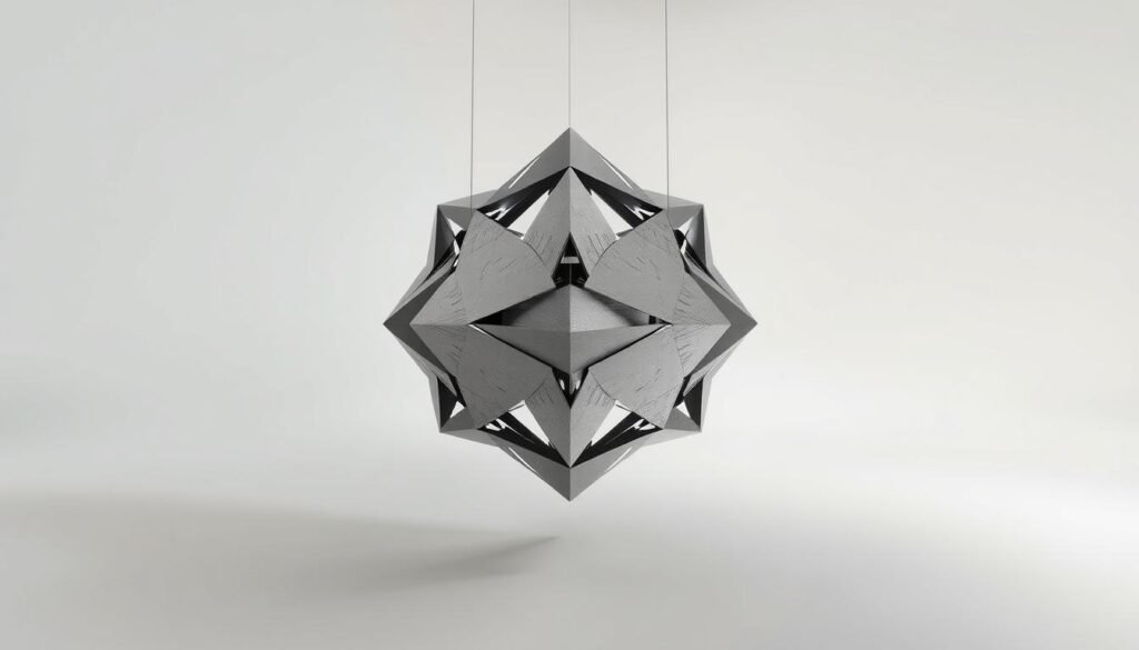 A complex, abstract geometric form suspended in a minimalist, ethereal environment. The central shape appears to be made of interlocking metallic planes, casting intricate shadows and reflections in the soft, diffused lighting. The form hovers in a serene, void-like space, with a muted, monochromatic color palette creating a sense of quiet contemplation. Subtle details and imperfections in the surface texture add depth and tactility to the design. The camera angle captures the form from a slightly elevated perspective, emphasizing its structural complexity and commanding presence. A complex, abstract geometric form suspended in a minimalist, ethereal environment. The central shape appears to be made of interlocking metallic planes, casting intricate shadows and reflections in the soft, diffused lighting. The form hovers in a serene, void-like space, with a muted, monochromatic color palette creating a sense of quiet contemplation. Subtle details and imperfections in the surface texture add depth and tactility to the design. The camera angle captures the form from a slightly elevated perspective, emphasizing its structural complexity and commanding presence.
