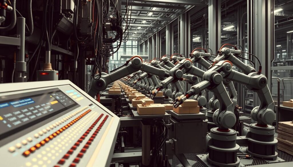 A complex network of gears, circuits, and robotic arms orchestrating a seamless dance of automation. The foreground features an advanced control panel with a sleek, minimalist design, its LED indicators pulsing with data. In the middle ground, mechanical appendages move with precision, assembling and packaging products in a meticulously choreographed routine. The background reveals a futuristic factory setting, with towering steel structures and a muted color palette that evokes a sense of efficiency and technological prowess. Soft, directional lighting casts dramatic shadows, emphasizing the interplay of form and function. The overall atmosphere conveys a harmonious blend of human ingenuity and machine-driven productivity. A complex network of gears, circuits, and robotic arms orchestrating a seamless dance of automation. The foreground features an advanced control panel with a sleek, minimalist design, its LED indicators pulsing with data. In the middle ground, mechanical appendages move with precision, assembling and packaging products in a meticulously choreographed routine. The background reveals a futuristic factory setting, with towering steel structures and a muted color palette that evokes a sense of efficiency and technological prowess. Soft, directional lighting casts dramatic shadows, emphasizing the interplay of form and function. The overall atmosphere conveys a harmonious blend of human ingenuity and machine-driven productivity.