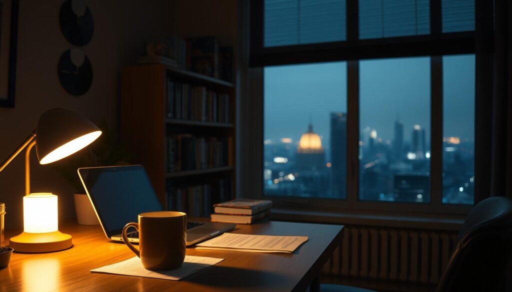 A cozy, dimly lit home office scene. In the foreground, a desk with a laptop, some papers, and a steaming mug of coffee. A warm desk lamp casts a soft glow, creating a sense of focus and productivity. In the middle ground, a bookshelf filled with volumes on email marketing and deliverability. The background features a window overlooking a tranquil, rain-streaked city skyline, the lights twinkling in the distance. The overall atmosphere is one of gradual, steady progress, with the warm lighting and muted colors conveying a sense of calm and concentration. A cozy, dimly lit home office scene. In the foreground, a desk with a laptop, some papers, and a steaming mug of coffee. A warm desk lamp casts a soft glow, creating a sense of focus and productivity. In the middle ground, a bookshelf filled with volumes on email marketing and deliverability. The background features a window overlooking a tranquil, rain-streaked city skyline, the lights twinkling in the distance. The overall atmosphere is one of gradual, steady progress, with the warm lighting and muted colors conveying a sense of calm and concentration.