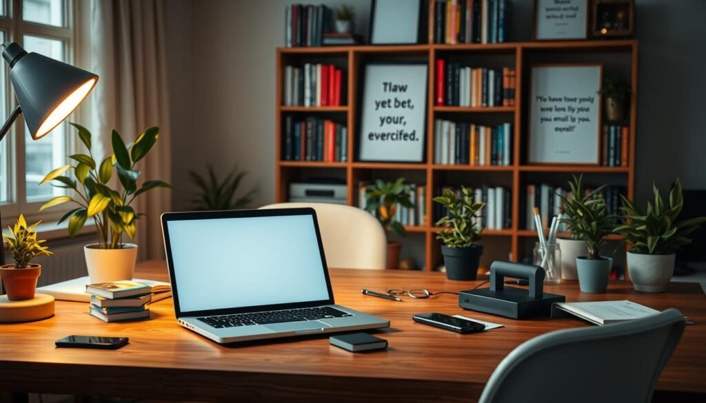 A cozy home office with a laptop and smartphone on a wooden desk. Warm, indirect lighting illuminates the scene, casting a soft, inviting glow. The desk is surrounded by potted plants and a few scattered office supplies, conveying a sense of organization and productivity. The background features a bookshelf filled with books and a few framed motivational quotes, suggesting an environment conducive to focused work and email engagement. The overall atmosphere is one of warmth, professionalism, and a subtle sense of growth and progress.