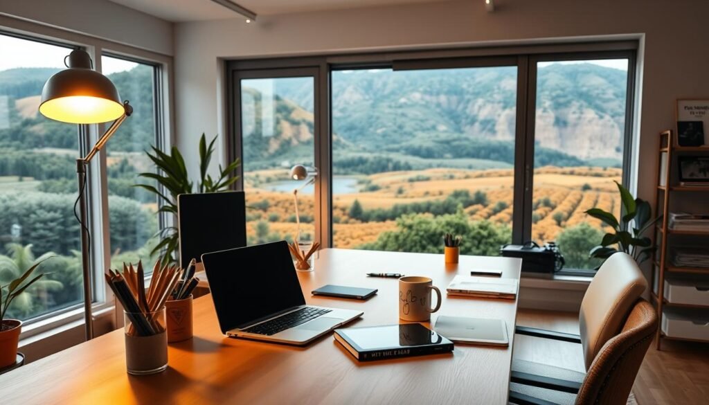 A cozy home office with a large desk, modern computer setup, and various stationery items. A well-lit space with warm, soft lighting from a floor lamp and overhead fixtures. On the desk, a laptop, a stylish mug, and a tablet or digital notepad, all arranged neatly. In the background, a large window overlooking a vibrant, natural landscape, creating a sense of inspiration and productivity. The overall atmosphere is inviting, professional, and tailored for a creator focused on email marketing and digital product sales. A cozy home office with a large desk, modern computer setup, and various stationery items. A well-lit space with warm, soft lighting from a floor lamp and overhead fixtures. On the desk, a laptop, a stylish mug, and a tablet or digital notepad, all arranged neatly. In the background, a large window overlooking a vibrant, natural landscape, creating a sense of inspiration and productivity. The overall atmosphere is inviting, professional, and tailored for a creator focused on email marketing and digital product sales.