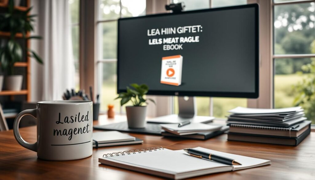 A cozy home office with warm lighting and a large computer monitor displaying a lead magnet ebook cover. In the foreground, a personalized mug with steam rising, a notebook, and a pen resting on a wooden desk. The middle ground features a potted plant and a stack of paperwork, creating a sense of productivity and focus. The background showcases a large window overlooking a lush, green landscape, providing a calming and inviting atmosphere.