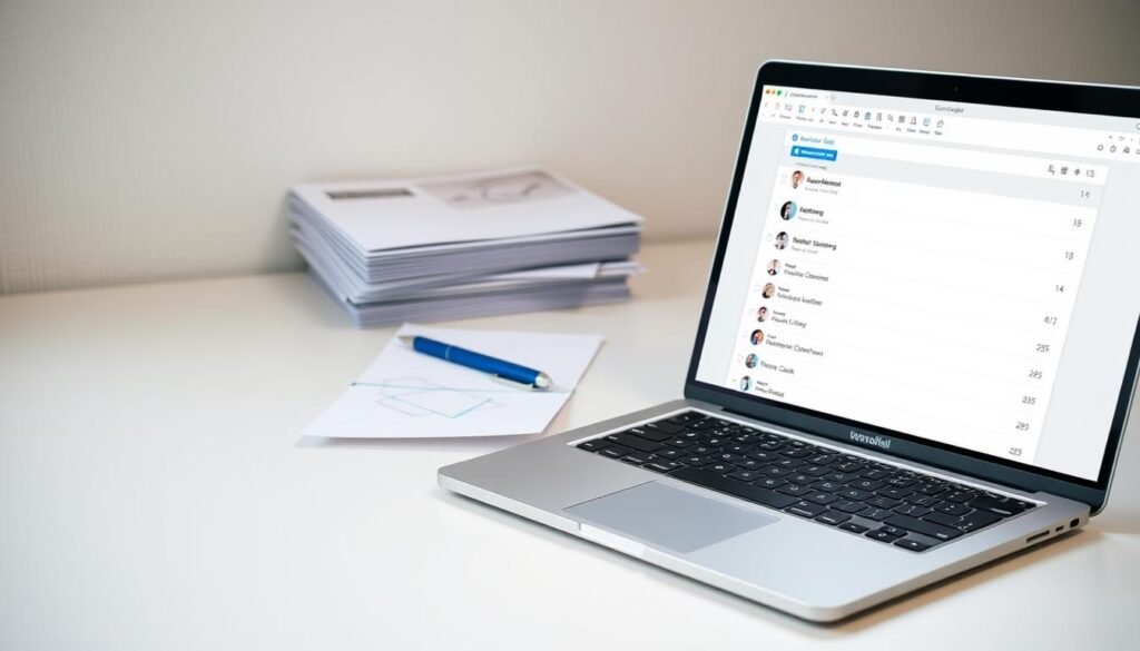 A crisp, well-organized email list displayed on a clean, minimalist desktop. In the foreground, an open laptop with an email client interface, showcasing a structured, segmented contact list. Soft, directional lighting illuminates the scene, creating a professional, efficient atmosphere. In the middle ground, a stack of neatly organized papers and a pen, symbolizing the careful curation and maintenance of the email list. The background is a subtly textured, neutral-toned surface, allowing the focal elements to take center stage. The overall mood conveys a sense of organization, productivity, and attention to detail - essential components for building and maintaining a high-performing email list.