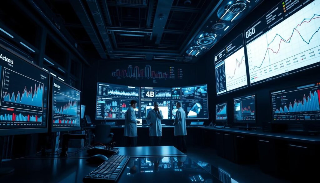 A dark, data-driven laboratory setting with a/b testing graphs and charts displayed on multiple screens and holographic displays. The foreground features an analytical workspace with a high-tech desk, keyboard, and mouse. In the middle ground, several data analysts in lab coats intently study the results, while the background showcases a futuristic control room with complex data visualizations projected onto the walls. Dramatic lighting and shadows create an intense, focused atmosphere, emphasizing the importance of testing and analytics for marketers.