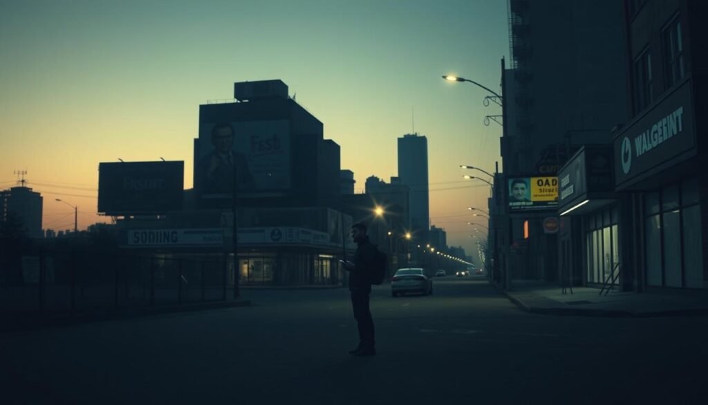 A deserted city street at dusk, dim streetlights casting long shadows. In the foreground, a lone figure stands pensively, holding a mobile device. Surrounding them, fading billboards and forgotten storefronts, evoking a sense of neglect and disengagement. The atmosphere is somber, with a muted color palette and a subtle haze, suggesting the need to reengage and revitalize. The lighting is moody, with a soft, warm glow from the streetlights, creating a sense of introspection and contemplation. The camera angle is slightly low, drawing the viewer's attention to the central figure and the urban landscape beyond. A deserted city street at dusk, dim streetlights casting long shadows. In the foreground, a lone figure stands pensively, holding a mobile device. Surrounding them, fading billboards and forgotten storefronts, evoking a sense of neglect and disengagement. The atmosphere is somber, with a muted color palette and a subtle haze, suggesting the need to reengage and revitalize. The lighting is moody, with a soft, warm glow from the streetlights, creating a sense of introspection and contemplation. The camera angle is slightly low, drawing the viewer's attention to the central figure and the urban landscape beyond.