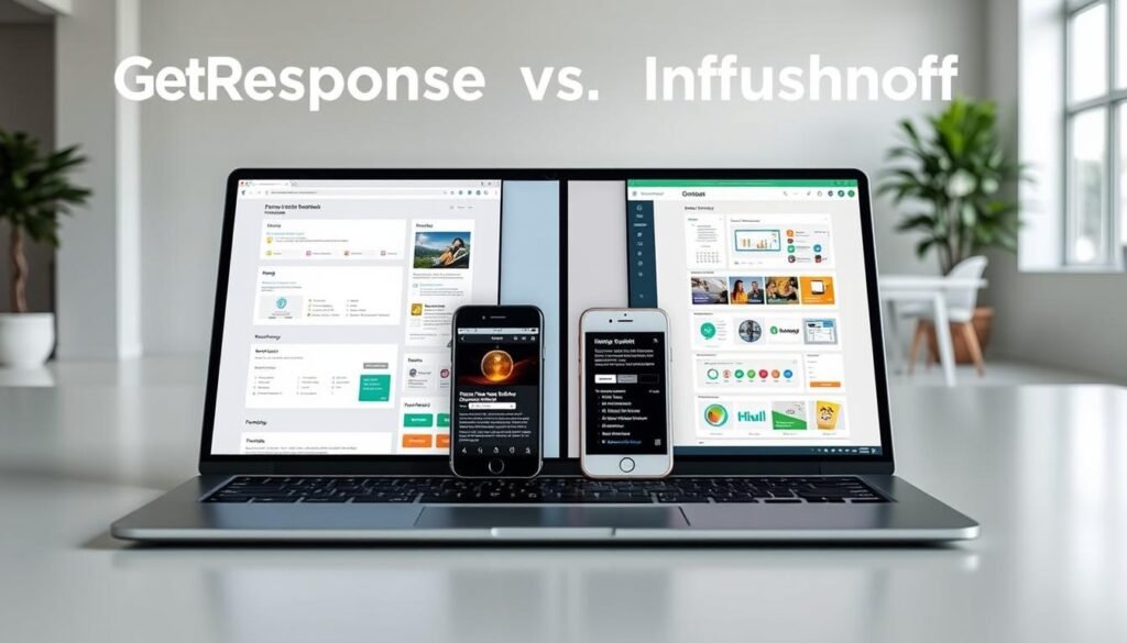 A detailed comparison of the GetResponse and Infusionsoft platforms, showcasing their key features for small businesses. In the foreground, a sleek laptop displays the user interfaces of both platforms side-by-side, highlighting their contrasting design aesthetics and functionalities. In the middle ground, a trio of smartphones illustrate the mobile capabilities of each tool, with seamless integration and responsive interfaces. The background features a minimalist office setting, with clean lines, natural lighting, and a subtle color palette to convey a professional, productivity-focused atmosphere. The overall scene conveys the depth and breadth of the GetResponse and Infusionsoft ecosystems, making it an ideal visual representation for the comparison article.