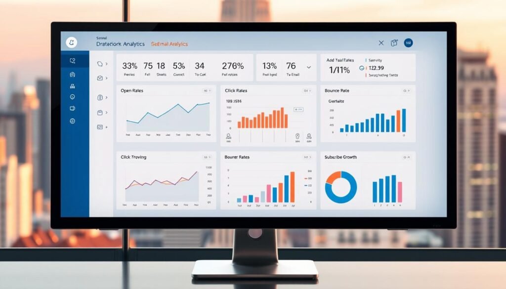 A detailed dashboard showcasing comprehensive email analytics, displayed on a sleek, modern computer monitor. The foreground features a grid of interactive graphs and charts, including line plots, bar charts, and pie charts, each meticulously visualizing key performance metrics such as open rates, click-through rates, bounce rates, and subscriber growth. The middle ground depicts a stylized, minimalist user interface, with intuitive controls and data filters. In the background, a blurred cityscape backdrop sets a professional, business-oriented atmosphere, with a soft, warm lighting scheme creating a sense of clarity and insight. A detailed dashboard showcasing comprehensive email analytics, displayed on a sleek, modern computer monitor. The foreground features a grid of interactive graphs and charts, including line plots, bar charts, and pie charts, each meticulously visualizing key performance metrics such as open rates, click-through rates, bounce rates, and subscriber growth. The middle ground depicts a stylized, minimalist user interface, with intuitive controls and data filters. In the background, a blurred cityscape backdrop sets a professional, business-oriented atmosphere, with a soft, warm lighting scheme creating a sense of clarity and insight.