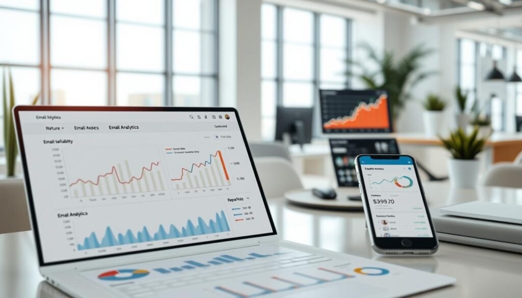 A detailed, high-resolution image of email analytics and reporting data visualizations. In the foreground, a dashboard with interactive graphs, charts, and metrics tracking email deliverability, open rates, click-through rates, and subscriber activity. In the middle ground, a modern office setting with a laptop, smartphone, and other digital devices displaying additional analytics insights. The background features a clean, minimalist workspace with large windows letting in natural light, creating a bright, professional atmosphere. The overall scene conveys a sense of data-driven decision making, analytical rigor, and a focus on optimizing email marketing performance and return on investment. A detailed, high-resolution image of email analytics and reporting data visualizations. In the foreground, a dashboard with interactive graphs, charts, and metrics tracking email deliverability, open rates, click-through rates, and subscriber activity. In the middle ground, a modern office setting with a laptop, smartphone, and other digital devices displaying additional analytics insights. The background features a clean, minimalist workspace with large windows letting in natural light, creating a bright, professional atmosphere. The overall scene conveys a sense of data-driven decision making, analytical rigor, and a focus on optimizing email marketing performance and return on investment.