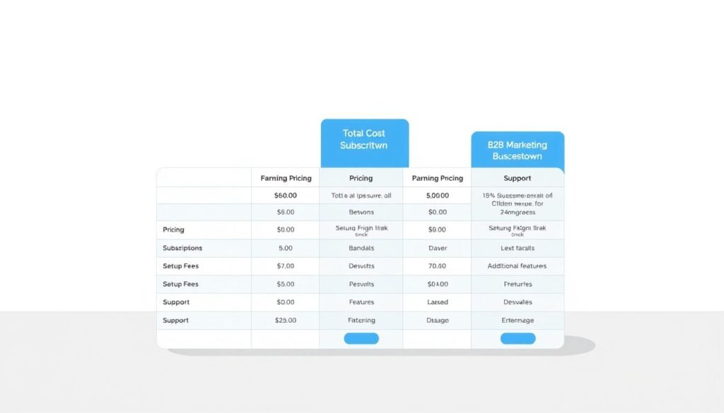 A detailed illustration showcasing the pricing and total cost breakdown for U.S. businesses, set against a clean, minimalist background. The foreground features a sleek, modern table displaying various pricing tiers and cost factors, including subscriptions, setup fees, support, and additional features. The middle ground shows a subtle grid or chart visualizing the cost comparison between different B2B marketing platforms. The background maintains a professional, corporate atmosphere with muted tones and clean lines, allowing the pricing details to take center stage. Soft, even lighting and a slightly elevated camera angle provide a clear, informative perspective on the essential cost considerations for U.S. businesses.