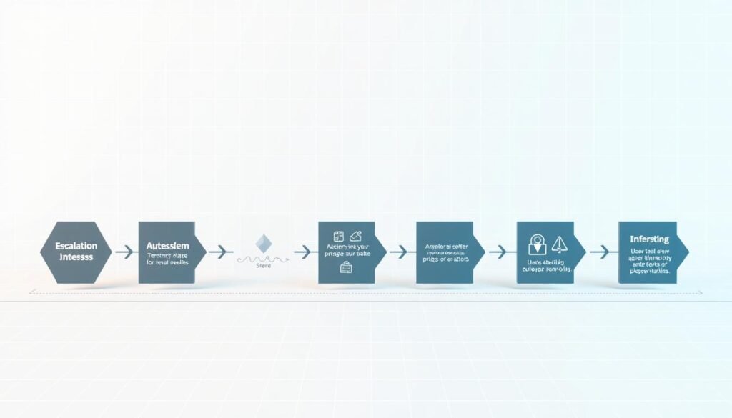 A detailed schematic illustration of an escalation process, depicting a step-by-step workflow. In the foreground, a series of clearly defined stages represented by geometric shapes, each connected by arrows to convey the progression. The middle ground showcases icons, symbols, and simple infographic elements to visually communicate the various steps involved. The background features a clean, minimalist grid or wireframe pattern, providing a sense of structure and organization. The overall tone is professional, technical, and informative, with a focus on clear visual hierarchy and intuitive information design. Lighting is soft and even, with a subtle sense of depth and perspective to enhance the conceptual nature of the image. A detailed schematic illustration of an escalation process, depicting a step-by-step workflow. In the foreground, a series of clearly defined stages represented by geometric shapes, each connected by arrows to convey the progression. The middle ground showcases icons, symbols, and simple infographic elements to visually communicate the various steps involved. The background features a clean, minimalist grid or wireframe pattern, providing a sense of structure and organization. The overall tone is professional, technical, and informative, with a focus on clear visual hierarchy and intuitive information design. Lighting is soft and even, with a subtle sense of depth and perspective to enhance the conceptual nature of the image.