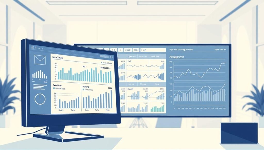 A detailed, technical illustration of email performance benchmarks. In the foreground, a computer monitor displays various metrics, including open rates, click-through rates, and send times. The middle ground features a grid of data visualizations, such as bar graphs and line charts, highlighting the trends and patterns in email timing. In the background, a minimalist office environment with clean lines and soft, directional lighting sets the mood for a data-driven, analytical presentation. The overall scene conveys a sense of precision, efficiency, and the insights gained from conducting send time optimization experiments. A detailed, technical illustration of email performance benchmarks. In the foreground, a computer monitor displays various metrics, including open rates, click-through rates, and send times. The middle ground features a grid of data visualizations, such as bar graphs and line charts, highlighting the trends and patterns in email timing. In the background, a minimalist office environment with clean lines and soft, directional lighting sets the mood for a data-driven, analytical presentation. The overall scene conveys a sense of precision, efficiency, and the insights gained from conducting send time optimization experiments.