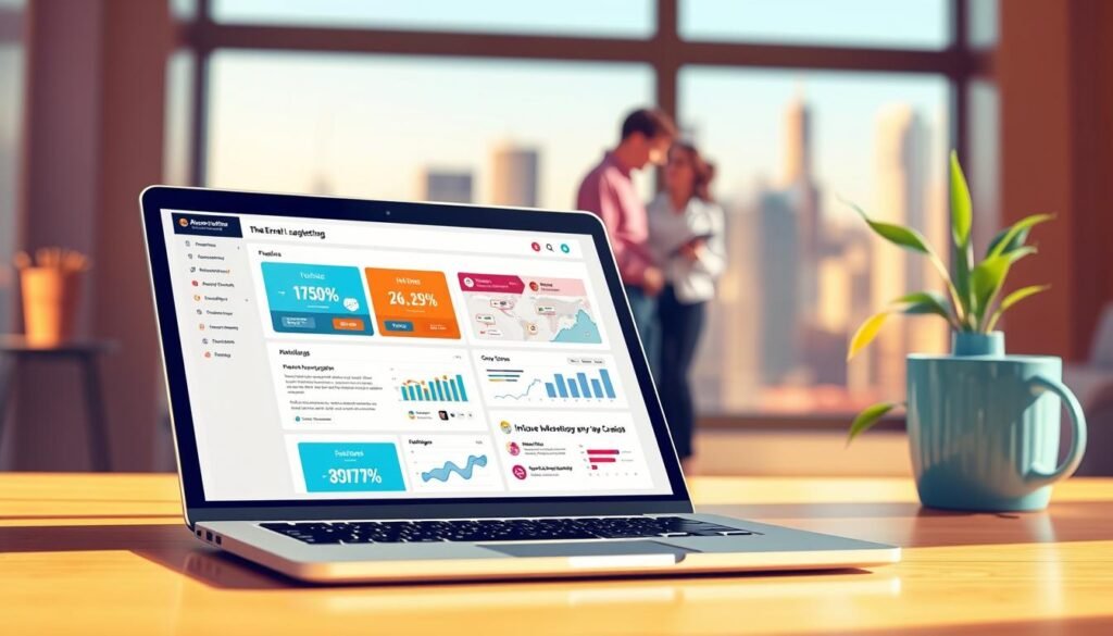 A detailed, vibrant illustration of email marketing automation. In the foreground, a sleek laptop displays a visually appealing email campaign dashboard, its interface showcasing intuitive automation workflows and data analytics. In the middle ground, a team collaborates seamlessly, optimizing content and segmentation strategies. The background features a subtle cityscape, symbolizing the global reach and scale of modern email marketing. Warm, natural lighting casts a productive, professional atmosphere, while a shallow depth of field emphasizes the focal points. The overall composition conveys the power of automated, data-driven email marketing for nonprofit organizations.
