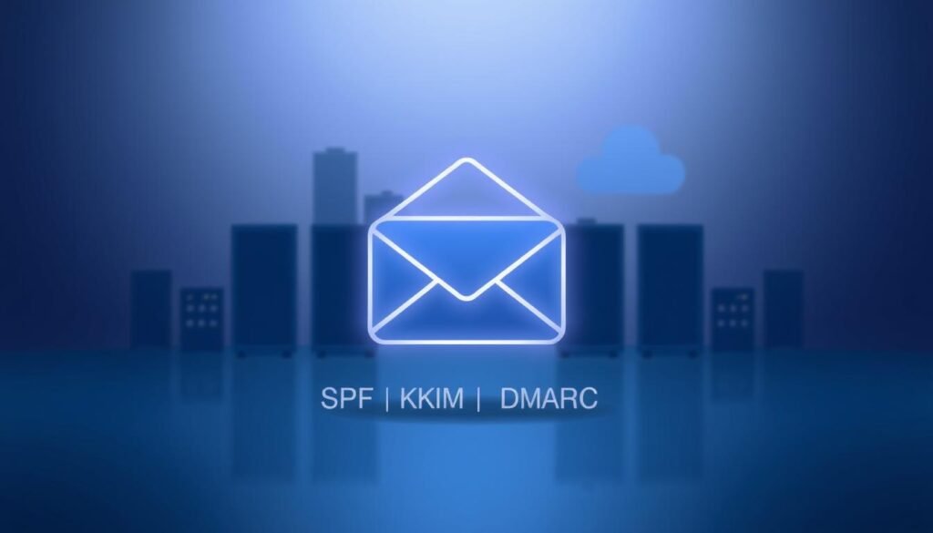 A digital illustration of email authentication protocols, featuring a sleek, minimalist design. In the foreground, an email envelope icon representing SPF, DKIM, and DMARC authentication methods, rendered in a clean, geometric style with subtle metallic accents. The midground showcases silhouettes of email servers and cloud infrastructure, conveying the technical backbone of email delivery. The background is a softly blurred gradient, creating a sense of depth and focus on the authentication elements. The overall mood is one of professionalism, efficiency, and technological sophistication, befitting the subject of email deliverability and domain alignment. A digital illustration of email authentication protocols, featuring a sleek, minimalist design. In the foreground, an email envelope icon representing SPF, DKIM, and DMARC authentication methods, rendered in a clean, geometric style with subtle metallic accents. The midground showcases silhouettes of email servers and cloud infrastructure, conveying the technical backbone of email delivery. The background is a softly blurred gradient, creating a sense of depth and focus on the authentication elements. The overall mood is one of professionalism, efficiency, and technological sophistication, befitting the subject of email deliverability and domain alignment.