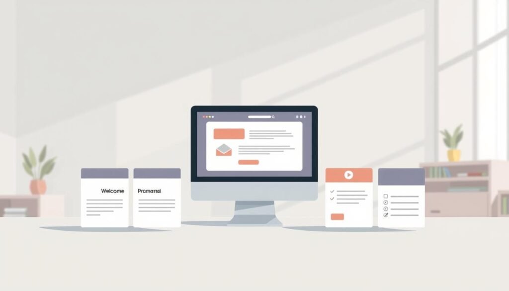 A digital illustration showcasing various welcome email types, presented in a clean and professional style. The foreground features a row of four email templates, each with a distinct design and layout - a simple text-based welcome, a visually-rich promotional email, a minimalist informational message, and an interactive survey. The middle ground depicts a sleek desktop computer monitor displaying an email inbox, while the background softly fades into a serene office environment with muted colors and subtle textures. The lighting is natural and diffused, creating a sense of warmth and clarity. The overall mood is one of sophistication, productivity, and attention to detail, perfectly suited to illustrate the "Core types of welcome emails to include in your roundup". A digital illustration showcasing various welcome email types, presented in a clean and professional style. The foreground features a row of four email templates, each with a distinct design and layout - a simple text-based welcome, a visually-rich promotional email, a minimalist informational message, and an interactive survey. The middle ground depicts a sleek desktop computer monitor displaying an email inbox, while the background softly fades into a serene office environment with muted colors and subtle textures. The lighting is natural and diffused, creating a sense of warmth and clarity. The overall mood is one of sophistication, productivity, and attention to detail, perfectly suited to illustrate the "Core types of welcome emails to include in your roundup".