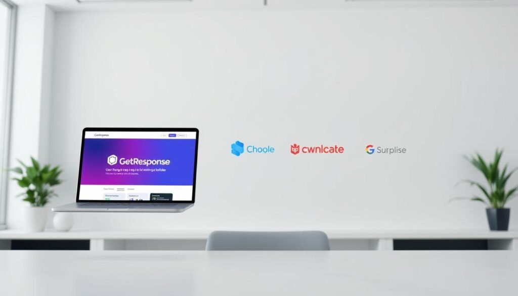 A digital workspace showcasing a side-by-side comparison of popular email marketing platform features. In the foreground, a floating laptop display depicts the user interface of the GetResponse landing page builder, while in the middle ground, several other platform logos fade in and out, highlighting the competitive landscape. The background is a minimalist, clean office setting with soft, diffused lighting, creating a professional, analytical atmosphere. The overall composition conveys a thoughtful evaluation of the options available to digital marketers seeking the best email and landing page solution for their needs.