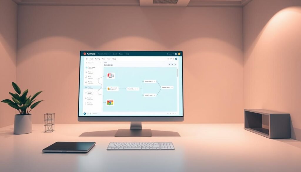 A digital workspace with a sleek, modern interface. In the foreground, a central panel showcases a customizable workflow process, with connected steps and interactive elements. The middle ground features a toolbar with various automation tools and options, inviting the user to explore and configure their automation setup. The background depicts a minimalist, high-contrast color scheme, creating a sense of focus and productivity. Soft, diffused lighting illuminates the scene, casting subtle shadows and highlights to accentuate the depth and dimension of the digital environment. The overall mood is one of efficiency, organization, and the empowerment of the user to seamlessly create and manage their automation workflows. A digital workspace with a sleek, modern interface. In the foreground, a central panel showcases a customizable workflow process, with connected steps and interactive elements. The middle ground features a toolbar with various automation tools and options, inviting the user to explore and configure their automation setup. The background depicts a minimalist, high-contrast color scheme, creating a sense of focus and productivity. Soft, diffused lighting illuminates the scene, casting subtle shadows and highlights to accentuate the depth and dimension of the digital environment. The overall mood is one of efficiency, organization, and the empowerment of the user to seamlessly create and manage their automation workflows.