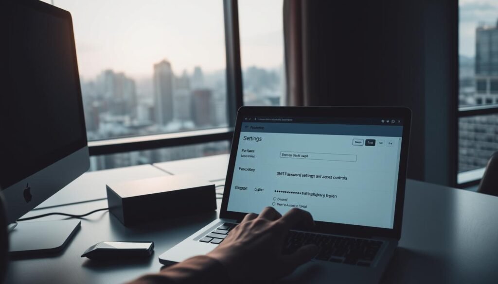 A dimly lit, modern office setting with a desktop computer and an open laptop on a minimalist desk. In the foreground, a person's hands are carefully typing on the laptop keyboard, managing SMTP password settings and access controls. The background features a large window overlooking a cityscape, casting a warm, ambient light across the scene. The overall atmosphere conveys a sense of focus, attention to detail, and the importance of secure email configuration. A dimly lit, modern office setting with a desktop computer and an open laptop on a minimalist desk. In the foreground, a person's hands are carefully typing on the laptop keyboard, managing SMTP password settings and access controls. The background features a large window overlooking a cityscape, casting a warm, ambient light across the scene. The overall atmosphere conveys a sense of focus, attention to detail, and the importance of secure email configuration.
