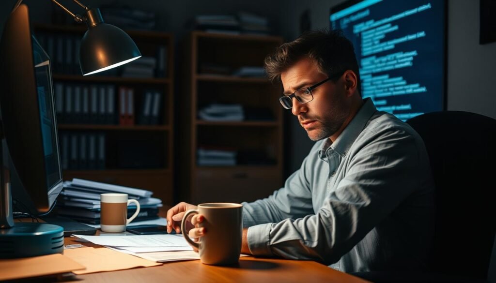 A dimly lit office scene with a person sitting at a desk, intensely focused on troubleshooting data issues on their computer screen. The desk is cluttered with papers, cables, and a mug of coffee, reflecting the challenge of the task at hand. The lighting is a mix of warm desk lamp and cool computer screen, creating shadows and highlights that accentuate the person's expression of concern. In the background, a bookshelf or filing cabinet adds a sense of professionalism and the tools needed to solve the data problem. The overall atmosphere is one of problem-solving, with a touch of frustration and determination. A dimly lit office scene with a person sitting at a desk, intensely focused on troubleshooting data issues on their computer screen. The desk is cluttered with papers, cables, and a mug of coffee, reflecting the challenge of the task at hand. The lighting is a mix of warm desk lamp and cool computer screen, creating shadows and highlights that accentuate the person's expression of concern. In the background, a bookshelf or filing cabinet adds a sense of professionalism and the tools needed to solve the data problem. The overall atmosphere is one of problem-solving, with a touch of frustration and determination.