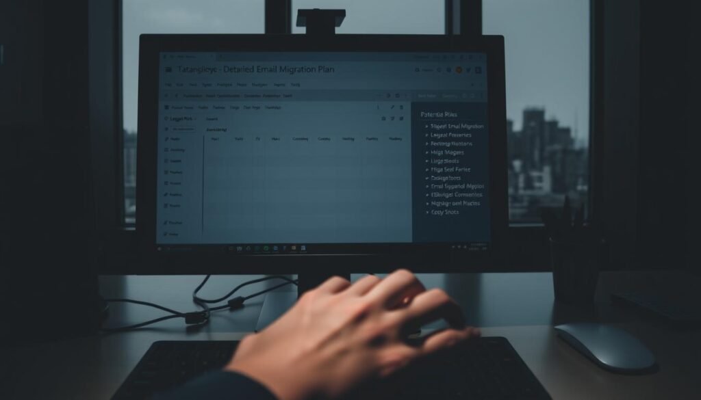 A dimly lit office setting, with a computer screen displaying a detailed email migration plan. In the foreground, a hand hovers over a keyboard, conveying a sense of thoughtful deliberation. The middle ground features a timeline chart and a list of potential risks, meticulously organized. In the background, a window reveals a cityscape, hinting at the broader context and the importance of successful data migration. The scene is characterized by a subtle, muted color palette, creating an atmosphere of careful planning and risk management. A dimly lit office setting, with a computer screen displaying a detailed email migration plan. In the foreground, a hand hovers over a keyboard, conveying a sense of thoughtful deliberation. The middle ground features a timeline chart and a list of potential risks, meticulously organized. In the background, a window reveals a cityscape, hinting at the broader context and the importance of successful data migration. The scene is characterized by a subtle, muted color palette, creating an atmosphere of careful planning and risk management.