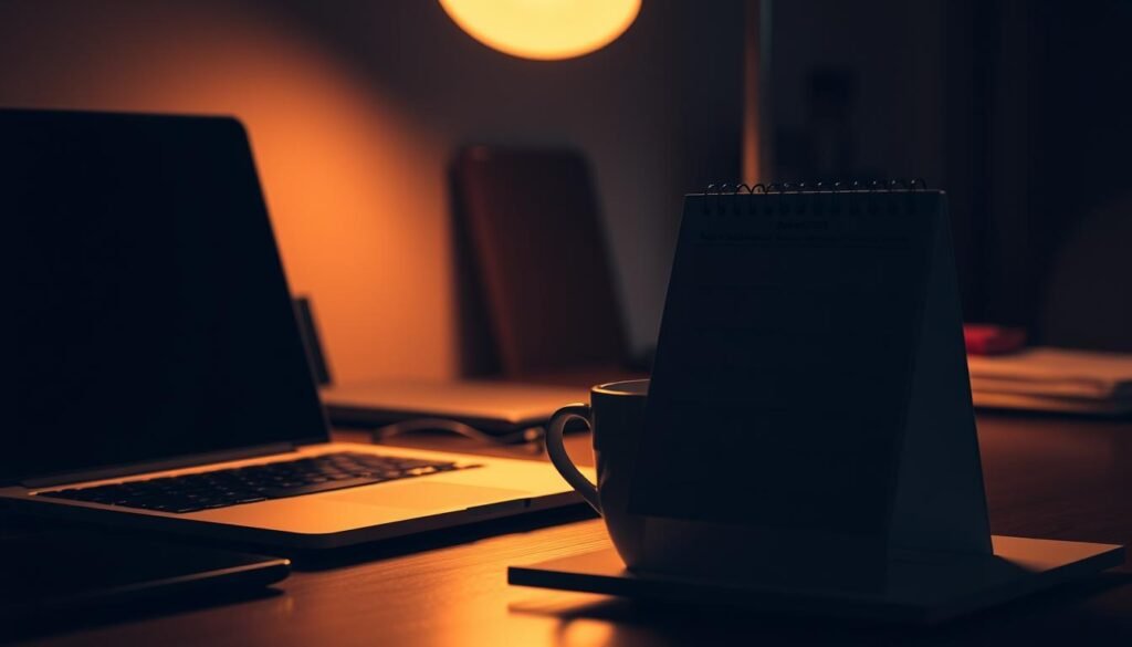 A dimly lit office workspace with a laptop computer, coffee cup, and desk calendar prominently displayed. The calendar pages are turned back, highlighting a specific day. Soft, warm lighting casts a cozy glow, creating an atmosphere of thoughtful contemplation. The angle is slightly elevated, giving a bird's-eye view of the desk and its contents. The overall scene conveys the idea of carefully considering the optimal time to send communications, backed by research and attention to detail. A dimly lit office workspace with a laptop computer, coffee cup, and desk calendar prominently displayed. The calendar pages are turned back, highlighting a specific day. Soft, warm lighting casts a cozy glow, creating an atmosphere of thoughtful contemplation. The angle is slightly elevated, giving a bird's-eye view of the desk and its contents. The overall scene conveys the idea of carefully considering the optimal time to send communications, backed by research and attention to detail.