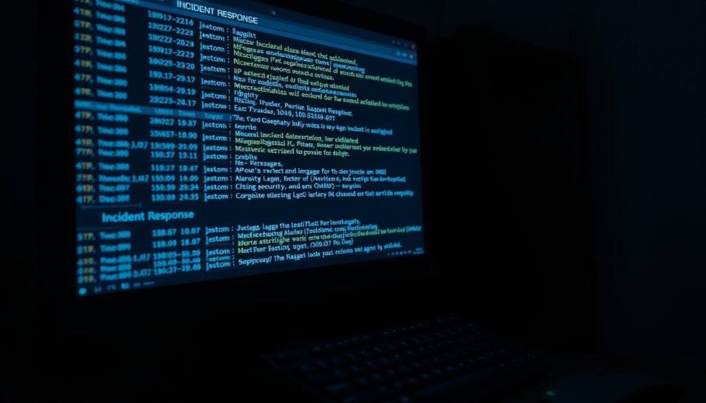 A dimly lit room with a desktop computer displaying a series of incident response logs. The logs show a detailed timeline of security events, with timestamps, IP addresses, and descriptions of suspicious activities. The monitor is illuminated by a soft, bluish glow, casting shadows across the desk and creating a sense of urgency. The keyboard and mouse are in the foreground, suggesting the user's active engagement with the incident response process. The background is hazy, with a sense of depth and minimal distractions, focusing the viewer's attention on the critical information displayed on the screen.