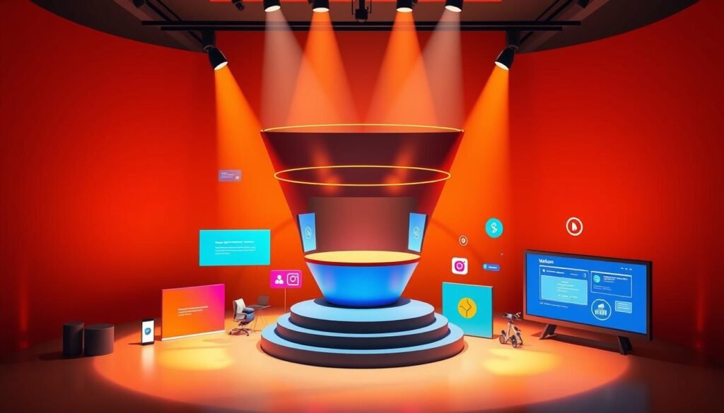 A dynamic conversion funnel with a central webinar stage, surrounded by vibrant graphics and icons representing the stages of the customer journey. The funnel is illuminated by warm, directional lighting, casting shadows that add depth and dimension. The overall composition conveys a sense of progress, growth, and seamless end-to-end digital marketing campaigns. The scene is rendered in a sleek, modern style with a focus on clean lines, minimalist design, and high-contrast colors that draw the viewer's attention to the core elements.