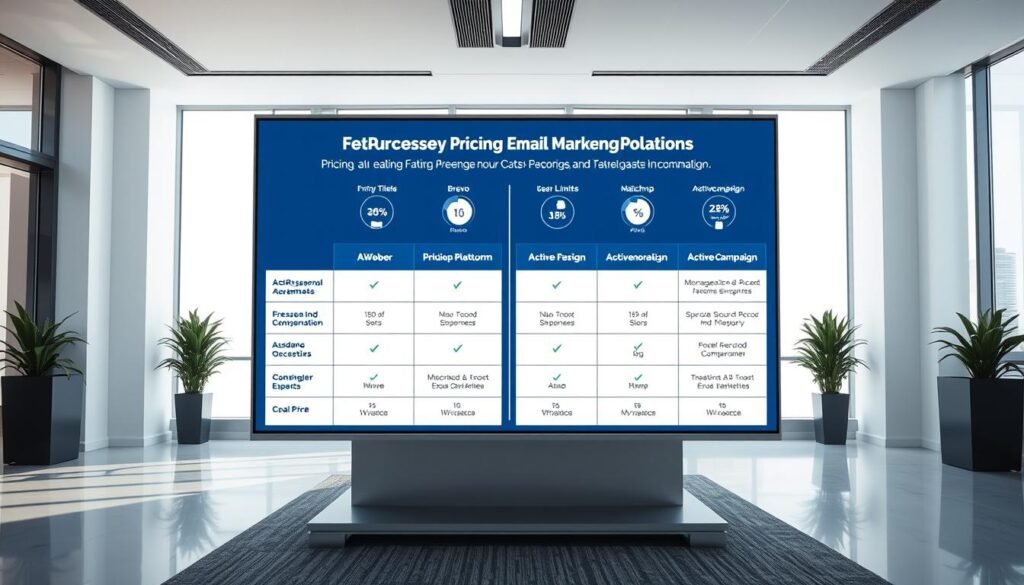 A dynamic data visualization showcasing the pricing and feature comparisons between GetResponse and leading email marketing platforms like AWeber, Brevo, Mailchimp, and ActiveCampaign. The scene depicts a sleek, minimalist office setting with a large, high-resolution display presenting the key information. The display features clean, infographic-style graphics with intuitive icons, charts, and tables highlighting the pricing tiers, user limits, automation capabilities, and other critical metrics. The lighting is bright and natural, creating a professional, informative atmosphere. The camera angle captures the display at a slightly elevated perspective, emphasizing the clarity and importance of the data. An air of sophistication and utility pervades the scene, reflecting the practical nature of the content.