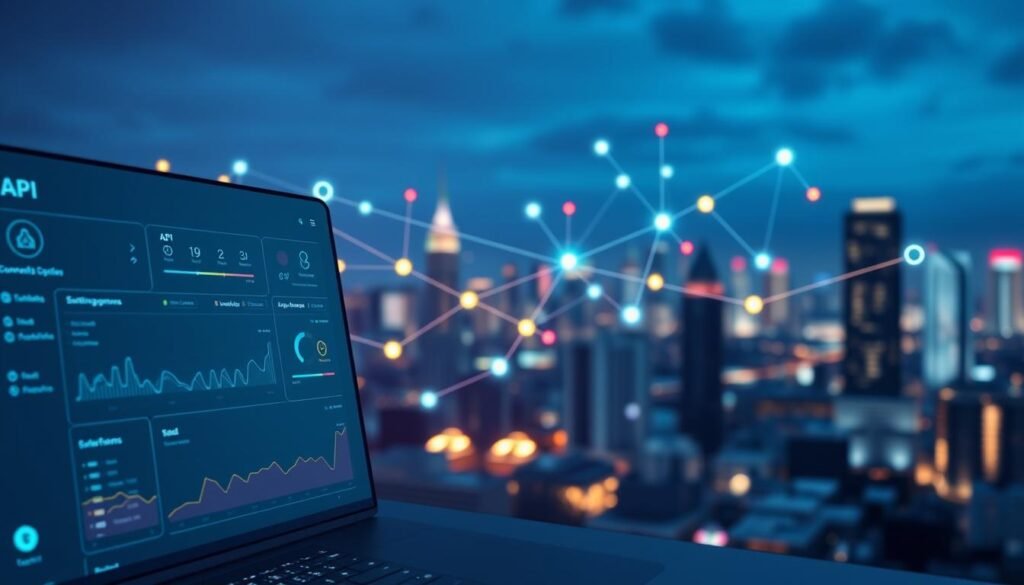A dynamic scene of digital integrations, showcasing a futuristic user interface with various API connections, cloud services, and seamless data flows. The foreground features a sleek, minimalist dashboard with intuitive visualizations and interactive elements. In the middle ground, a network of colorful lines and nodes represents the underlying infrastructure, symbolizing the scalability and interconnectivity of the system. The background is a softly blurred cityscape, hinting at the broader business context and the growing demands of modern enterprises. The lighting is a mix of cool, neon-like tones and warm, ambient illumination, creating a sense of balance and sophistication. The overall mood is one of technological progress, efficiency, and the empowerment of creative businesses.