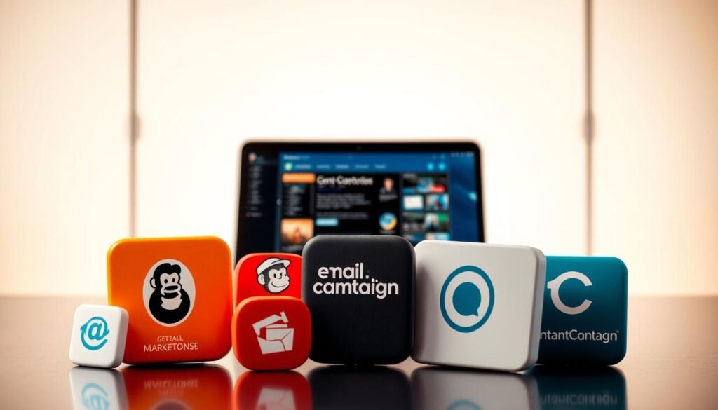 A dynamic, visually striking image of popular email marketing tools, showcasing them in a sleek, modern setting. In the foreground, various email marketing software icons and logos are prominently displayed, including GetResponse, Mailchimp, Constant Contact, and ActiveCampaign. The middle ground features a laptop or desktop computer display, with an email marketing dashboard or interface visible, highlighting the key features and functionality of these tools. The background is clean and minimalist, with a soft, warm lighting that creates a professional, business-oriented atmosphere. The overall composition conveys the versatility, efficiency, and comparative nature of the email marketing solutions being presented. A dynamic, visually striking image of popular email marketing tools, showcasing them in a sleek, modern setting. In the foreground, various email marketing software icons and logos are prominently displayed, including GetResponse, Mailchimp, Constant Contact, and ActiveCampaign. The middle ground features a laptop or desktop computer display, with an email marketing dashboard or interface visible, highlighting the key features and functionality of these tools. The background is clean and minimalist, with a soft, warm lighting that creates a professional, business-oriented atmosphere. The overall composition conveys the versatility, efficiency, and comparative nature of the email marketing solutions being presented.