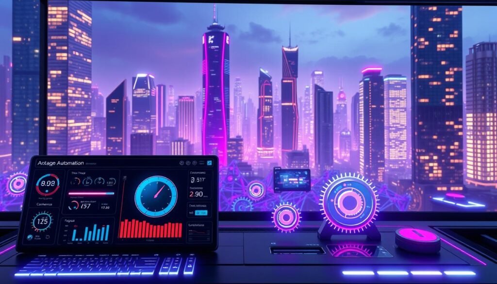 A futuristic digital landscape with a central automation control interface. In the foreground, a sleek dashboard displays customizable timing settings, triggers, and cadences. Vibrant neon-lit panels showcase intricate automation workflows, with real-time data visualization. In the middle ground, a network of interconnected gears and cogs symbolize the seamless integration of various systems. The background features a cityscape of towering skyscrapers, their windows glowing with a warm, technological ambiance. Crisp, high-contrast lighting emphasizes the precision and efficiency of the automated processes. The overall atmosphere conveys a sense of advanced, streamlined email marketing optimization.