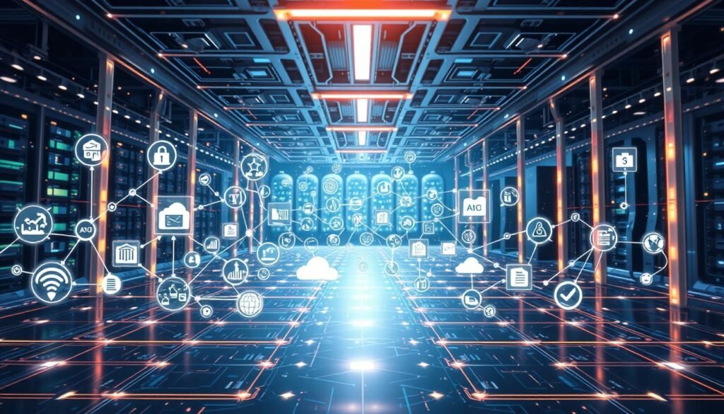 A futuristic, high-tech integration hub with seamless connections and data flows. In the foreground, various software and service icons interlock and synchronize with sleek, minimalist visuals. The middle ground features an array of API gateways, cloud platforms, and enterprise software, all illuminated by a soft, ambient glow. In the background, a vast network of data lines, servers, and technology infrastructure creates a sense of depth and interconnectedness. The overall scene conveys the power, efficiency, and flexibility of a robust integration ecosystem, suitable for a modern digital marketing platform.